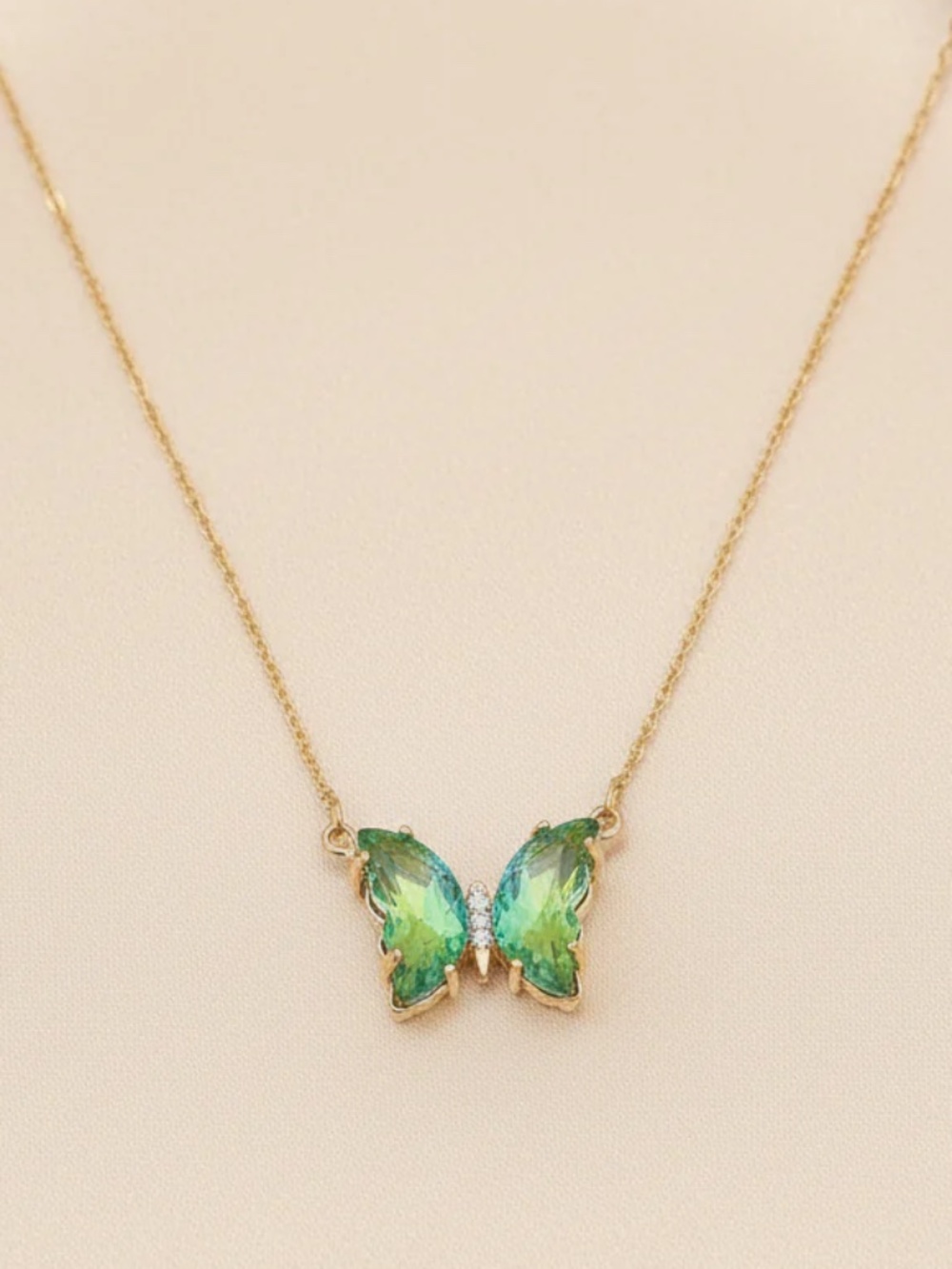 Gold Butterfly Necklace – Colorful Statement Pendant- Green